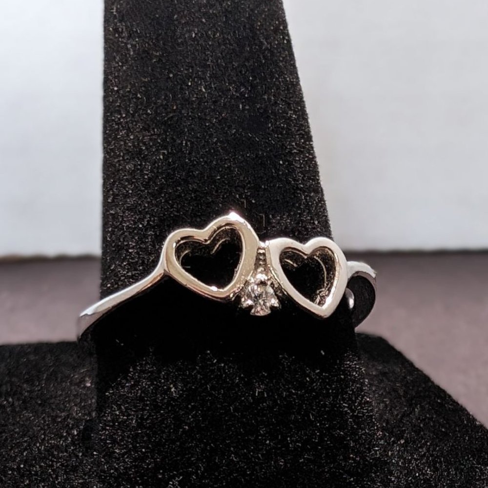 Cute Petite Double Heart Fashion Ring. Solid .925 Sterling Silver. - Picture 2 of 5